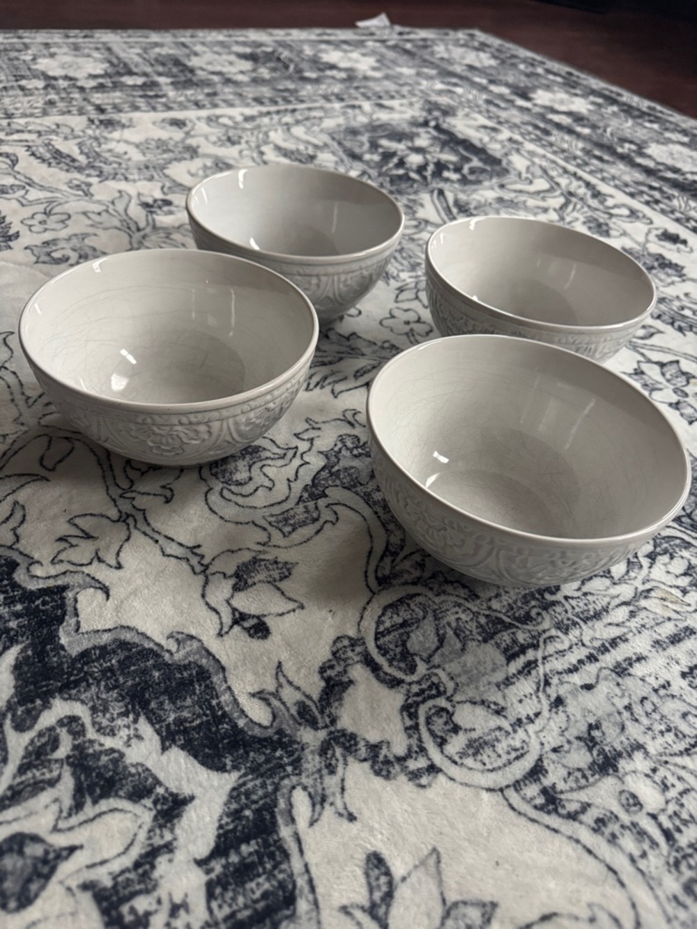 Set of 4 White Ceramic Bowls with Subtle Crackle Glaze